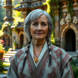 An older woman with short grey braids, dressed in medieval robes adorned with intricate embroidery, stands gracefully in an outdoor temple