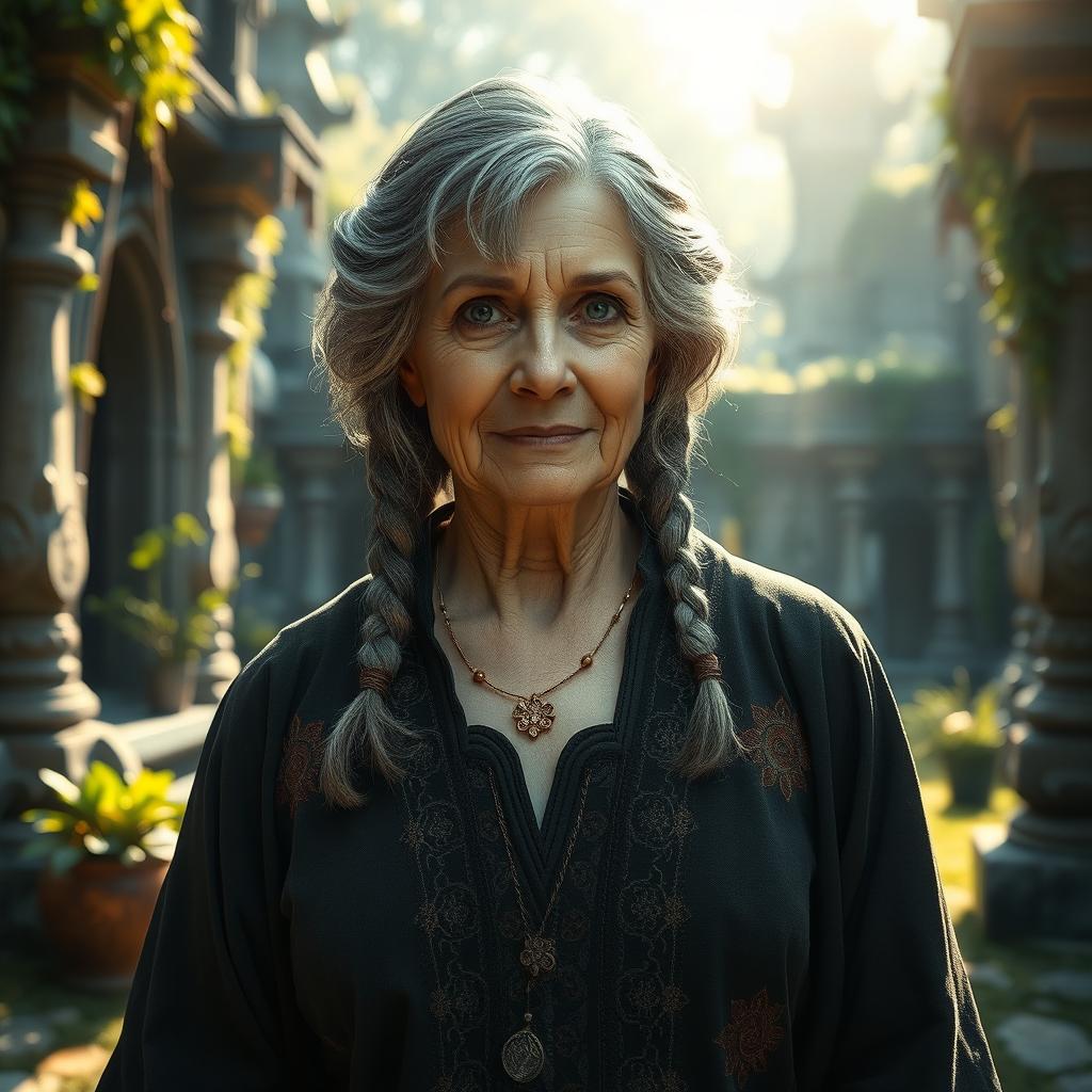 An older woman with short grey braids, dressed in medieval robes adorned with intricate embroidery, stands gracefully in an outdoor temple