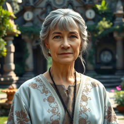 An older woman with short grey braids, dressed in medieval robes adorned with intricate embroidery, stands gracefully in an outdoor temple