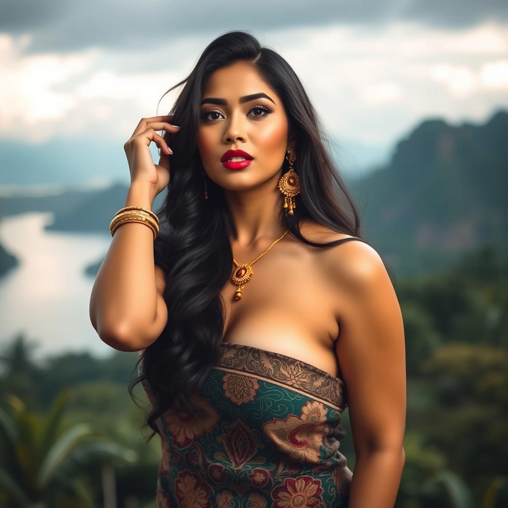 Sensual and voluptuous Indonesian woman, exuding confidence and allure, emphasizing her beauty and elegance