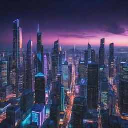 A glowing cityscape transforming into a futuristic cyberspace metropolis under a neon-streaked twilight sky.