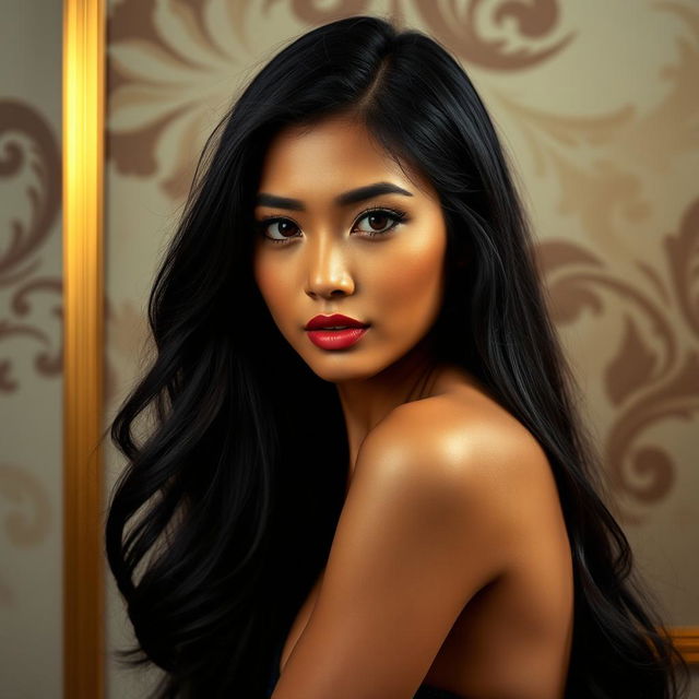 A beautiful Indonesian woman with long black hair, exuding confidence and sensuality