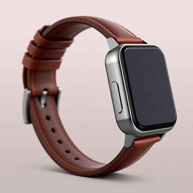 A sleek smartwatch viewed in profile against a neutral background, showcasing an innovative design with a luxurious leather strap and a subtly integrated emergency button