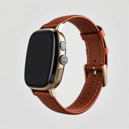 A sleek smartwatch viewed in profile against a neutral background, showcasing an innovative design with a luxurious leather strap and a subtly integrated emergency button