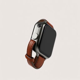 A sleek smartwatch viewed in profile against a neutral background, showcasing an innovative design with a luxurious leather strap and a subtly integrated emergency button