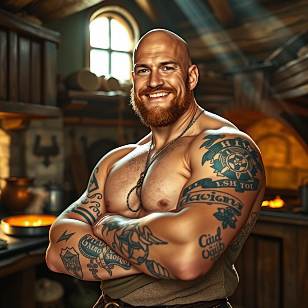 A rugged bald man with guild tattoos on his forearms stands in a medieval fantasy kitchen