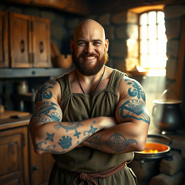 A rugged bald man with guild tattoos on his forearms stands in a medieval fantasy kitchen