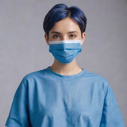 A girl with short pixie hair, wearing a blueprint sleeve shirt, baggy pants, and a challenging mask. She is 163cm tall with an average weight.