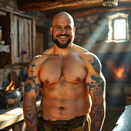 A rugged bald man with guild tattoos on his forearms stands in a medieval fantasy kitchen