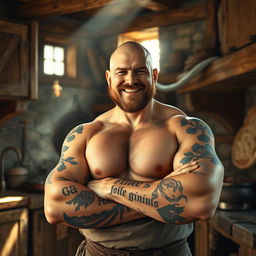 A rugged bald man with guild tattoos on his forearms stands in a medieval fantasy kitchen