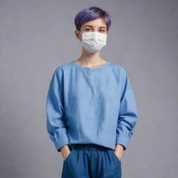 A girl with short pixie hair, wearing a blueprint sleeve shirt, baggy pants, and a challenging mask. She is 163cm tall with an average weight.