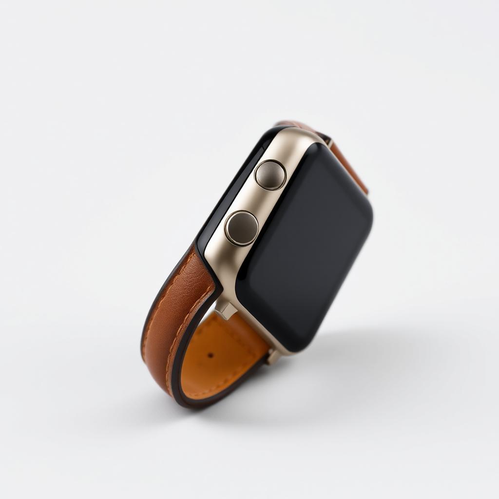 A sleek smartwatch viewed from the side along its length, showcasing an innovative design with a luxurious leather strap and a subtly integrated emergency button