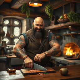 A rugged bald man with guild tattoos on his forearms, exuding strength yet kindness with a happy expression on his face