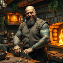 A rugged bald man with guild tattoos on his forearms, exuding strength yet kindness with a happy expression on his face