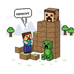 Humorous pixel art in the style of Minecraft, featuring classic Minecraft elements like blocks, characters such as Steve or a Creeper, and other iconic Minecraft items transformed into a funny scene