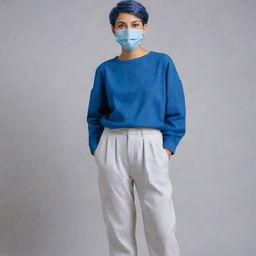 A girl with short pixie hair, wearing a blueprint sleeve shirt, baggy pants, and a challenging mask. She is 163cm tall with an average weight.