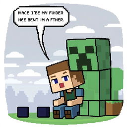 Humorous pixel art in the style of Minecraft, featuring classic Minecraft elements like blocks, characters such as Steve or a Creeper, and other iconic Minecraft items transformed into a funny scene