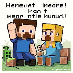 Humorous pixel art in the style of Minecraft, featuring classic Minecraft elements like blocks, characters such as Steve or a Creeper, and other iconic Minecraft items transformed into a funny scene