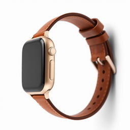 A sleek smartwatch viewed from a perfect 90-degree profile angle, featuring a brown leather strap and minimalistic design elements