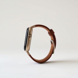 A sleek smartwatch viewed from a perfect 90-degree profile angle, featuring a brown leather strap and minimalistic design elements