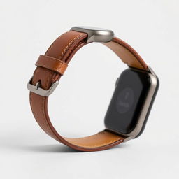 A sleek smartwatch viewed from a perfect 90-degree profile angle, featuring a brown leather strap and minimalistic design elements