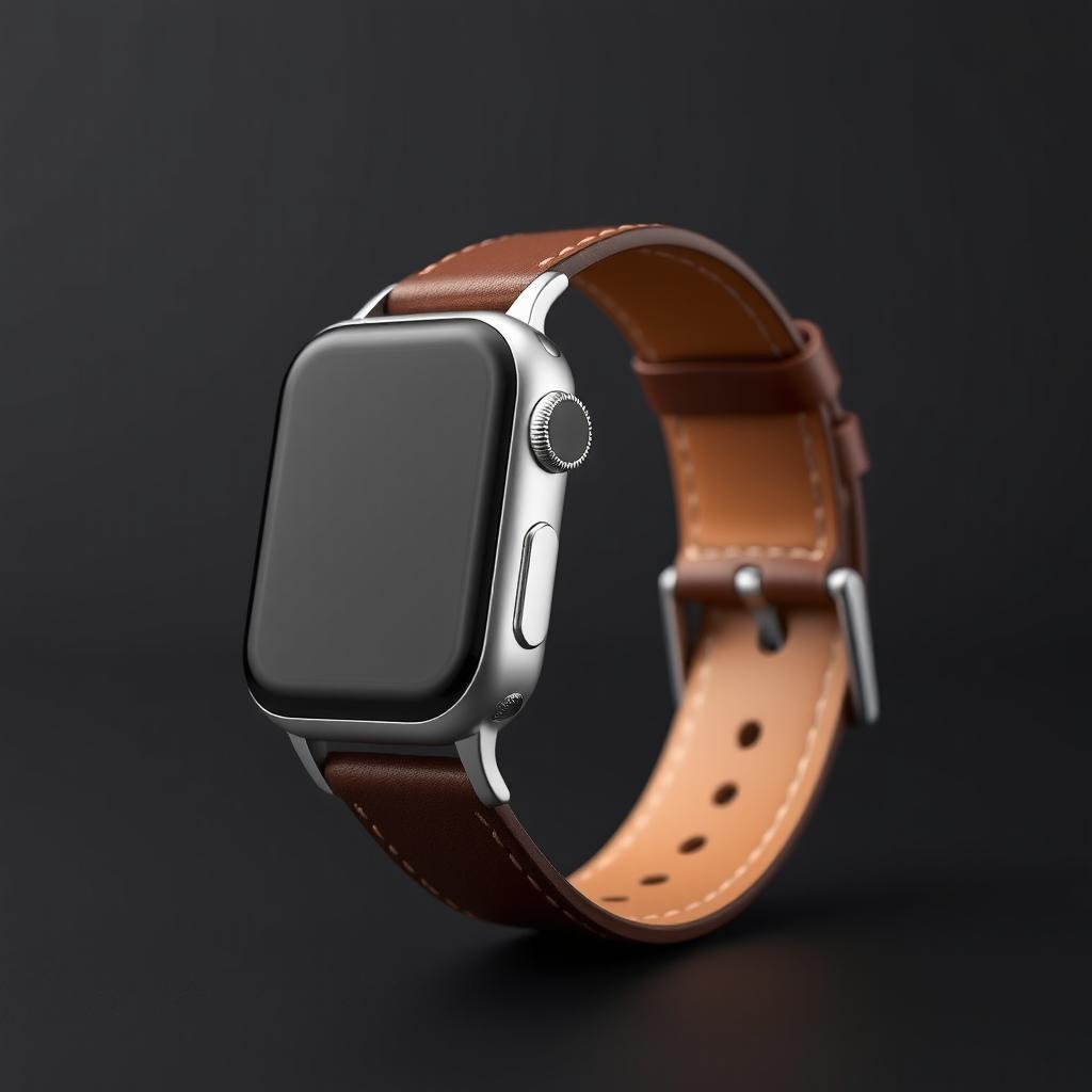 A sleek smartwatch viewed from a perfect 90-degree profile angle, with its strap fully extended to reveal the smooth contours and sophisticated leather texture