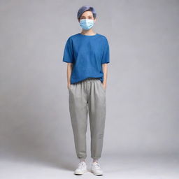 A girl with short pixie hair, wearing a blueprint sleeve shirt, baggy pants, and a challenging mask. She is 163cm tall with an average weight.