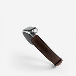 A sleek smartwatch viewed from a perfect 90-degree profile angle, with its strap fully extended to reveal the smooth contours and sophisticated leather texture