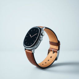 A sleek smartwatch viewed from a perfect 90-degree profile angle, with its strap fully extended to reveal the smooth contours and sophisticated leather texture