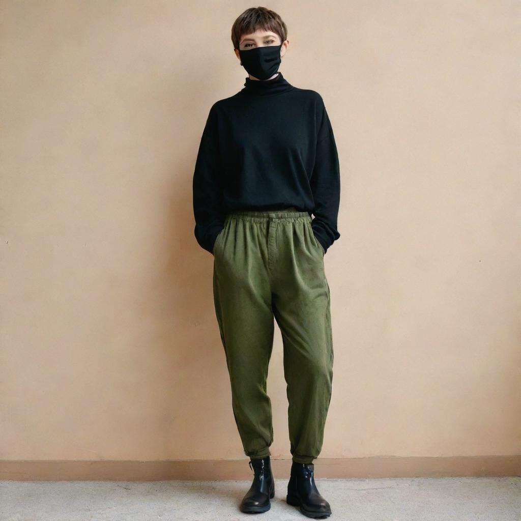 A girl with pixie cut hair wearing a black mask, loose-fitting long-sleeved black top, baggy moss-green pants. She stands 163cm tall and of average weight.