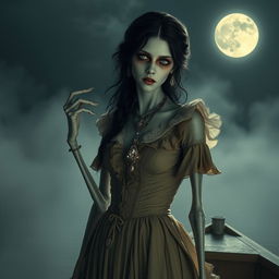 A Victorian ghoul woman standing on a boat, eerily beautiful with pale, ghostly skin and haunting eyes