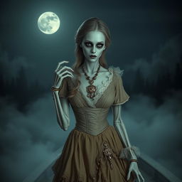 A Victorian ghoul woman standing on a boat, eerily beautiful with pale, ghostly skin and haunting eyes