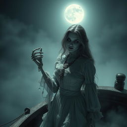 A Victorian ghoul woman standing on a boat, eerily beautiful with pale, ghostly skin and haunting eyes