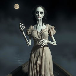 A Victorian ghoul woman standing on a boat, eerily beautiful with pale, ghostly skin and haunting eyes