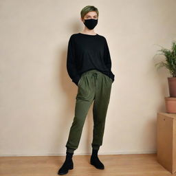 A girl with pixie cut hair wearing a black mask, loose-fitting long-sleeved black top, baggy moss-green pants. She stands 163cm tall and of average weight.