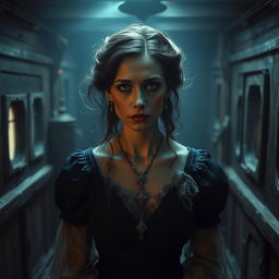 A Victorian woman with ghostly features, appearing as a ghoul inside the dimly lit and eerie interior of a ship