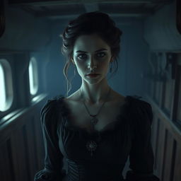 A Victorian woman with ghostly features, appearing as a ghoul inside the dimly lit and eerie interior of a ship