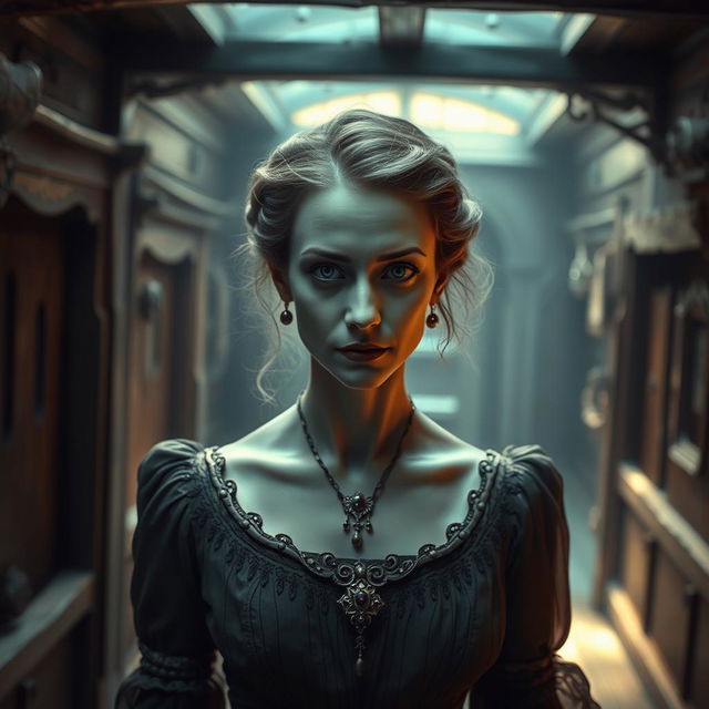 A Victorian woman with ghostly features, appearing as a ghoul inside the dimly lit and eerie interior of a ship