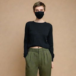 A girl with pixie cut hair wearing a black mask, loose-fitting long-sleeved black top, baggy moss-green pants. She stands 163cm tall and of average weight.