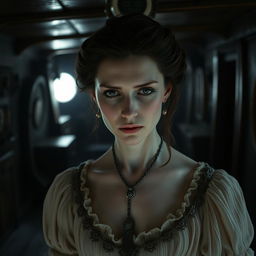 A Victorian woman with ghostly features, appearing as a ghoul inside the dimly lit and eerie interior of a ship