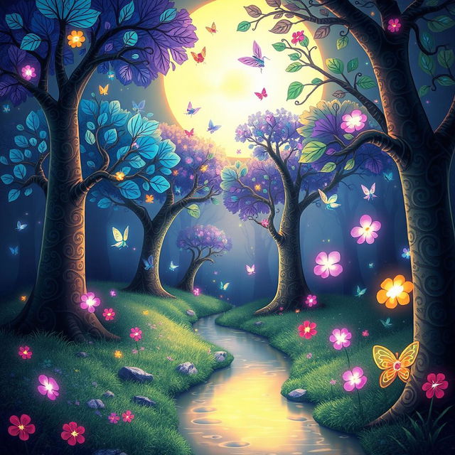 a whimsical depiction of a fantastical forest with glowing trees and colorful, floating flowers