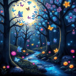 a whimsical depiction of a fantastical forest with glowing trees and colorful, floating flowers