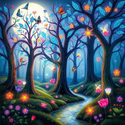 a whimsical depiction of a fantastical forest with glowing trees and colorful, floating flowers