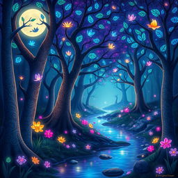 a whimsical depiction of a fantastical forest with glowing trees and colorful, floating flowers