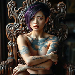 20-year-old woman with short black-purple hair, sitting on an intricately carved wooden chair