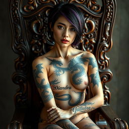 20-year-old woman with short black-purple hair, sitting on an intricately carved wooden chair