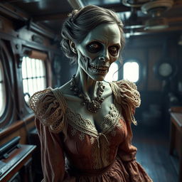 A Victorian woman zombie inside a ship, dressed in tattered yet elegant 19th-century clothing, featuring intricate lacework and period detailing