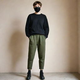 A girl with pixie cut hair wearing a black mask, loose-fitting long-sleeved black top, baggy moss-green pants. She stands 163cm tall and of average weight.