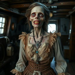 A Victorian woman zombie inside a ship, dressed in tattered yet elegant 19th-century clothing, featuring intricate lacework and period detailing