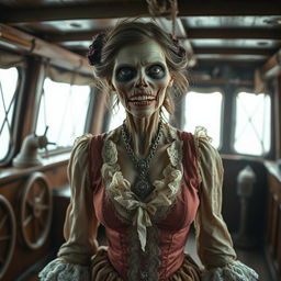 A Victorian woman zombie inside a ship, dressed in tattered yet elegant 19th-century clothing, featuring intricate lacework and period detailing